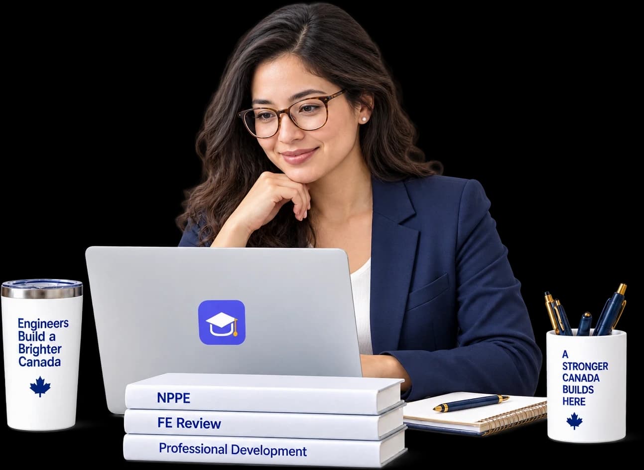 Engineer studying a Wiscademy course beside NPPE, FE Review and Professional Development books